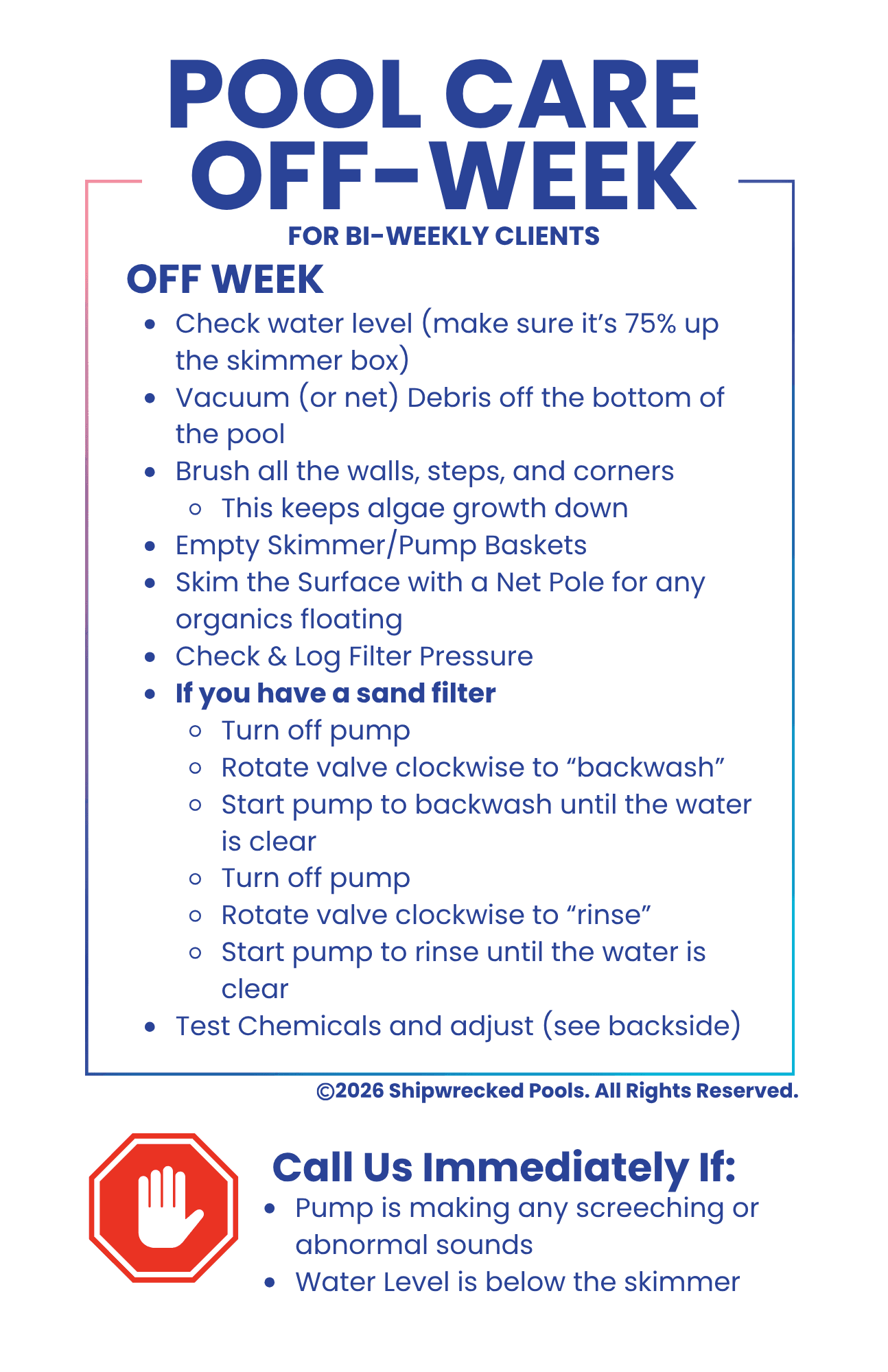 Bi-weekly off-week pool care checklist side A